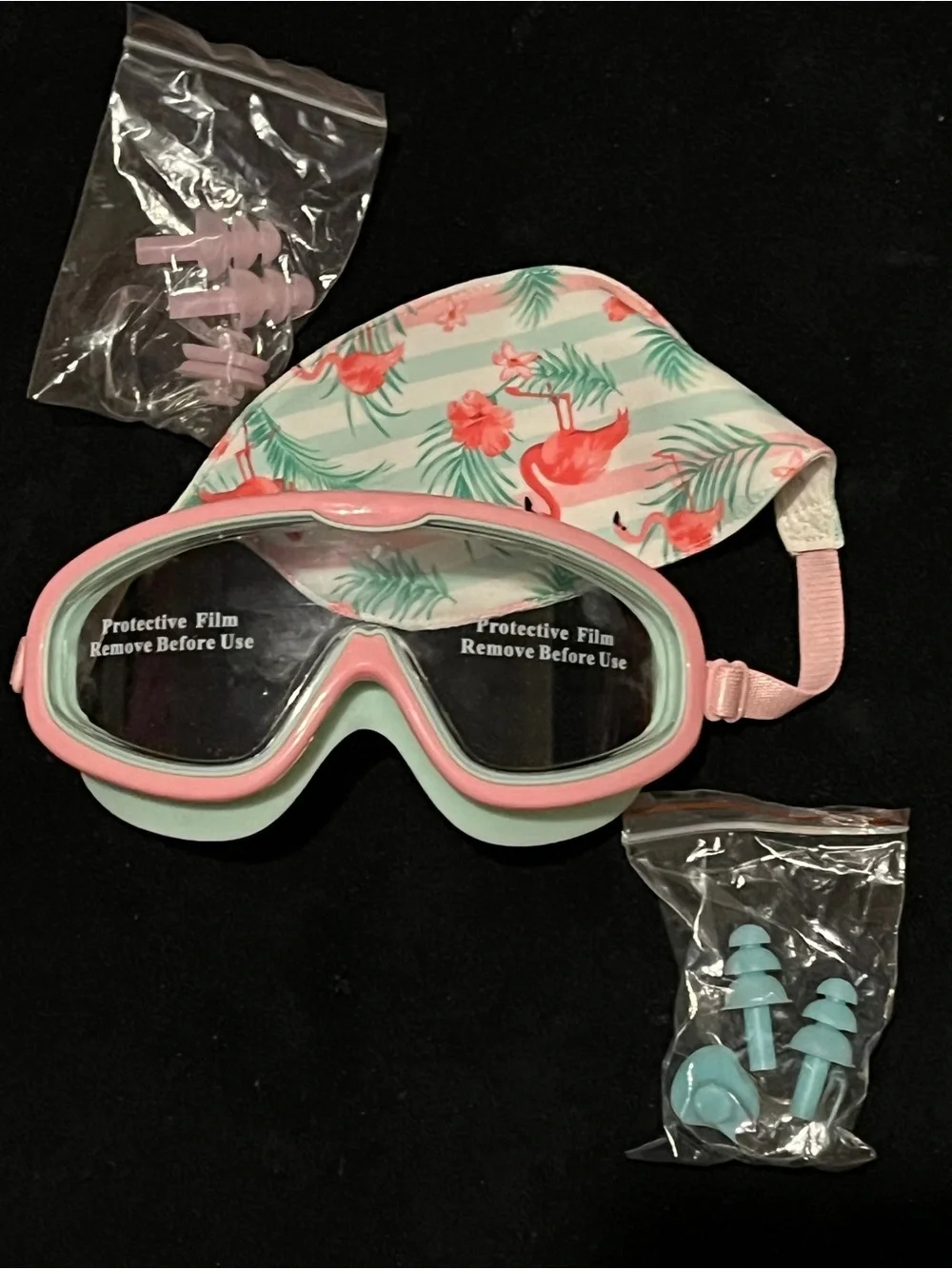 Pixel Panda Kids Flamingo Swim Goggles Set Cap Ear Plugs Nose Clip New